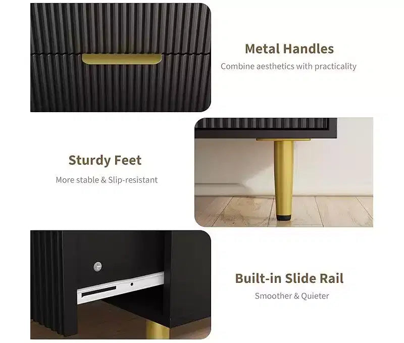 Cassettiera a 3 Cassetti, Comodino Moderno Scanalato di Metà Secolo con Maniglie e Gambe in Metallo, Tavolino da Comodino per Camera da Letto, Soggiorno, Corridoio, Appartamento