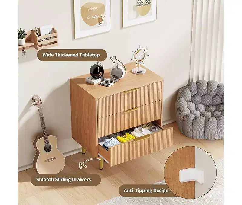 Cassettiera a 3 Cassetti, Comodino Moderno Scanalato di Metà Secolo con Maniglie e Gambe in Metallo, Tavolino da Comodino per Camera da Letto, Soggiorno, Corridoio, Appartamento