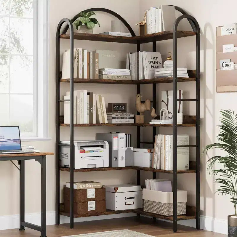 Libreria angolare a 5 ripiani a forma di L, libreria industriale ad arco con struttura in metallo, scaffale espositivo Etagere per soggiorno, camera da letto, ufficio, biblioteca