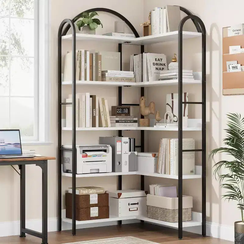 Libreria angolare a 5 ripiani a forma di L, libreria industriale ad arco con struttura in metallo, scaffale espositivo Etagere per soggiorno, camera da letto, ufficio, biblioteca
