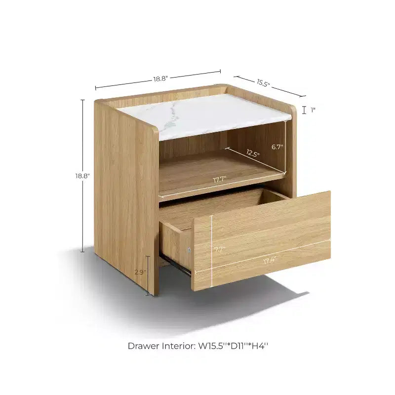 LuxenHome Comodino Rovere 23 con Piano in Finto Marmo, Tavolino da Notte in Legno con Ripiano Aperto Marrone