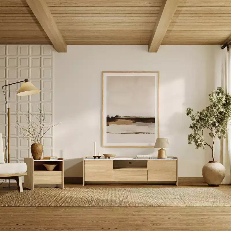 LuxenHome Comodino Rovere 23 con Piano in Finto Marmo, Tavolino da Notte in Legno con Ripiano Aperto Marrone
