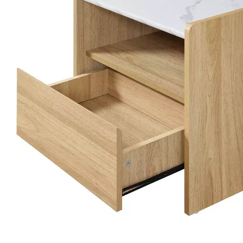 LuxenHome Comodino Rovere 23 con Piano in Finto Marmo, Tavolino da Notte in Legno con Ripiano Aperto Marrone