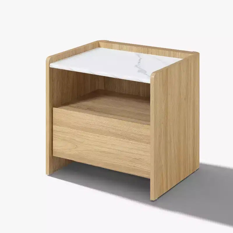 LuxenHome Comodino Rovere 23 con Piano in Finto Marmo, Tavolino da Notte in Legno con Ripiano Aperto Marrone