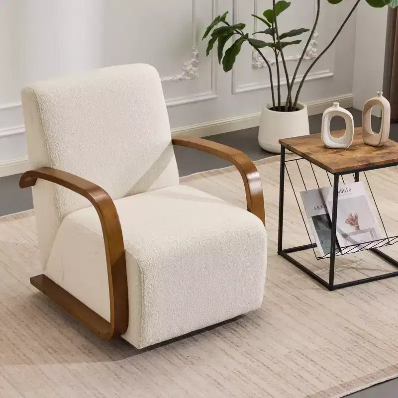 Zeus & Ruta Mid-Century Modern Cream Upholstered 360 Swivel Accent Chair with Solid Wood Curved Arms