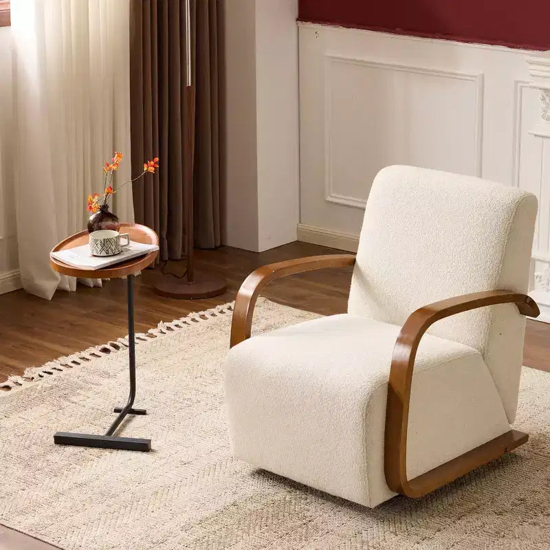Zeus & Ruta Mid-Century Modern Cream Upholstered 360 Swivel Accent Chair with Solid Wood Curved Arms