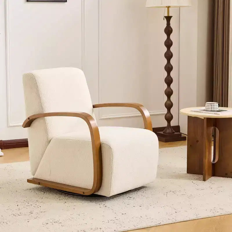 Zeus & Ruta Mid-Century Modern Cream Upholstered 360 Swivel Accent Chair with Solid Wood Curved Arms