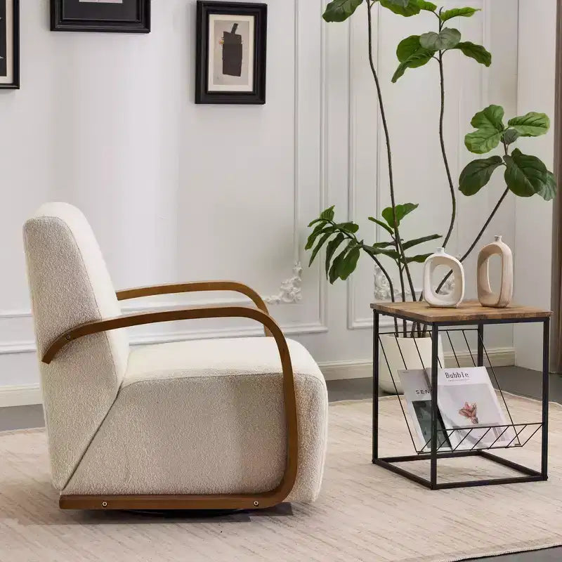 Zeus & Ruta Mid-Century Modern Cream Upholstered 360 Swivel Accent Chair with Solid Wood Curved Arms