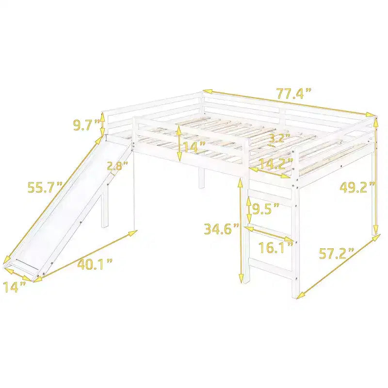 Whisen Full Loft Bed, Bed Frame with Slide and Full-length Guardrail, Multifunctional Design - White