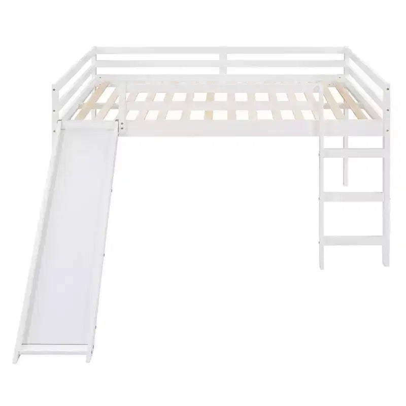 Whisen Full Loft Bed, Bed Frame with Slide and Full-length Guardrail, Multifunctional Design - White