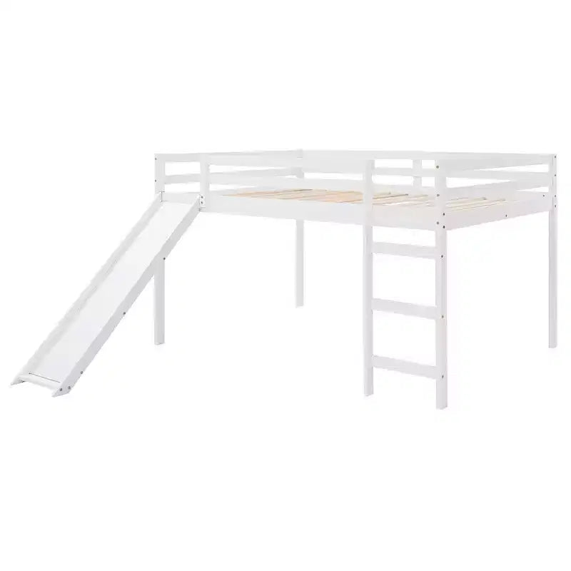 Whisen Full Loft Bed, Bed Frame with Slide and Full-length Guardrail, Multifunctional Design - White