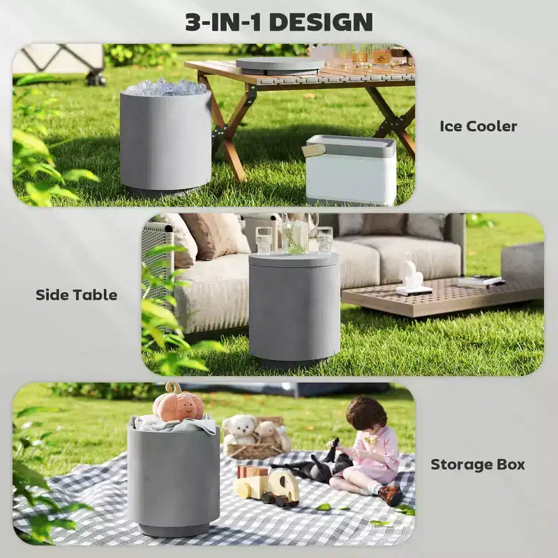 Outsunny 2.6 Gal Outdoor Side Table, 3-In-1 Concrete Cooler Bar Table with Storage, Removable Ice Bucket and Lid
