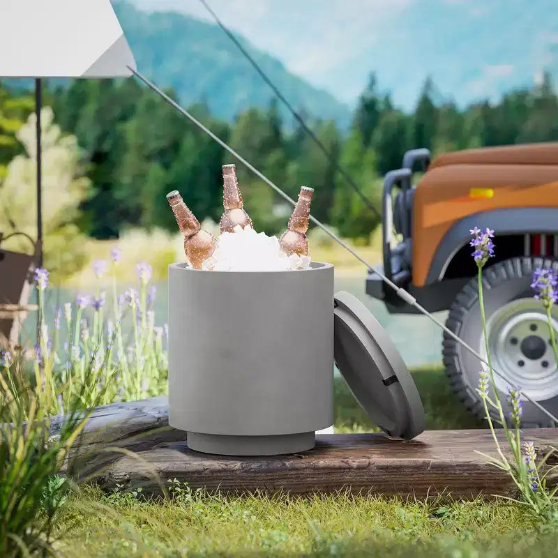 Outsunny 2.6 Gal Outdoor Side Table, 3-In-1 Concrete Cooler Bar Table with Storage, Removable Ice Bucket and Lid