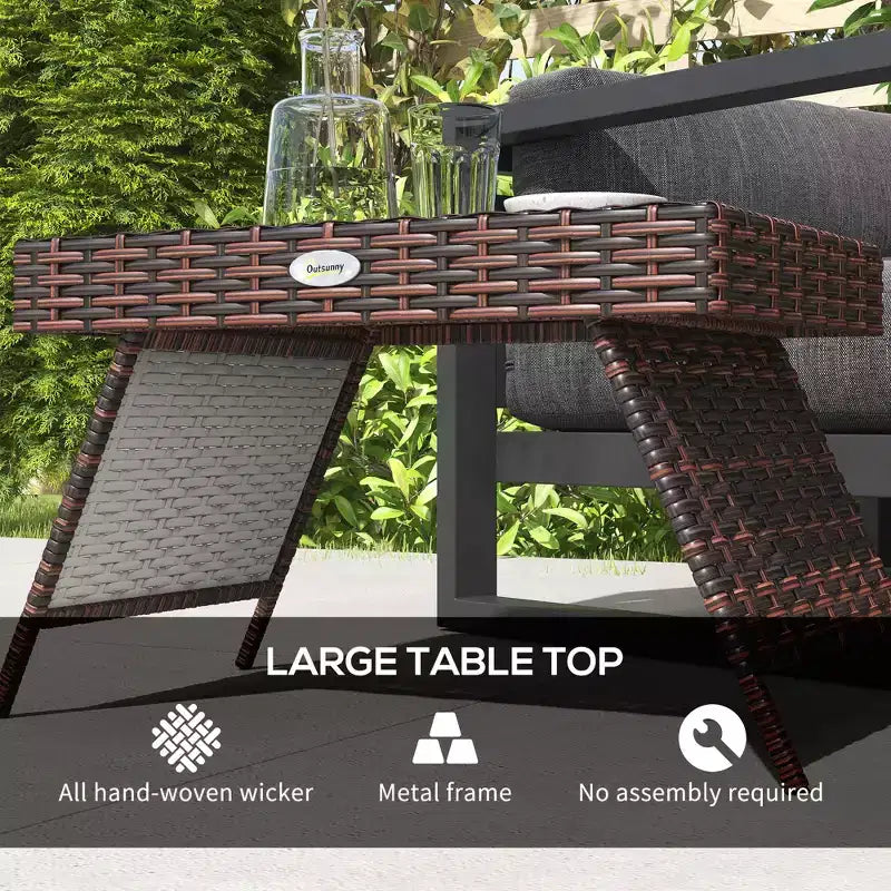 Folding Rattan Side Table, Outdoor End Table, Hand Woven PE Rattan Coffee Table for Balcony, Garden, Lawn, Courtyard