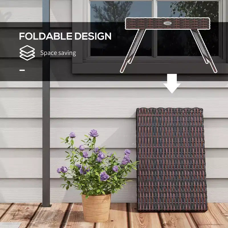 Folding Rattan Side Table, Outdoor End Table, Hand Woven PE Rattan Coffee Table for Balcony, Garden, Lawn, Courtyard