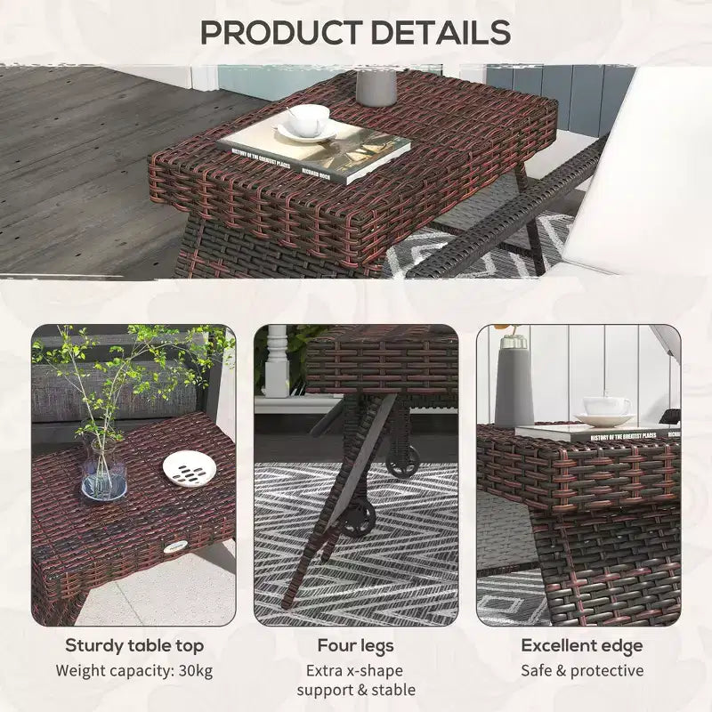 Folding Rattan Side Table, Outdoor End Table, Hand Woven PE Rattan Coffee Table for Balcony, Garden, Lawn, Courtyard