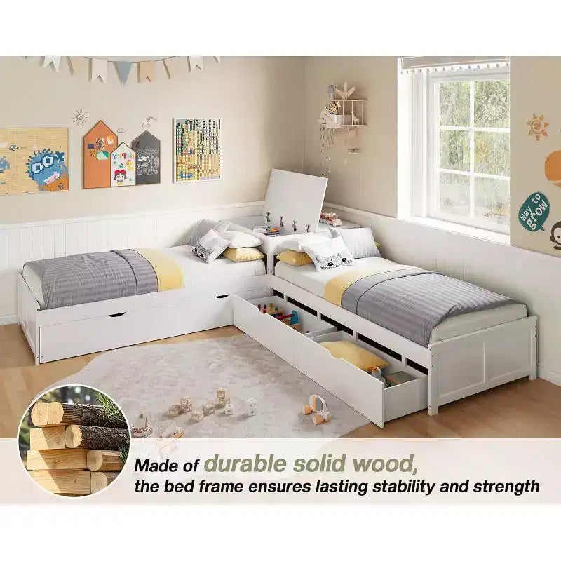 AMERLIFE Letto a giorno a L in legno massello con letto estraibile e scrivania a ribalta con contenitore, struttura a piattaforma salvaspazio per camerette di bambini e famiglie