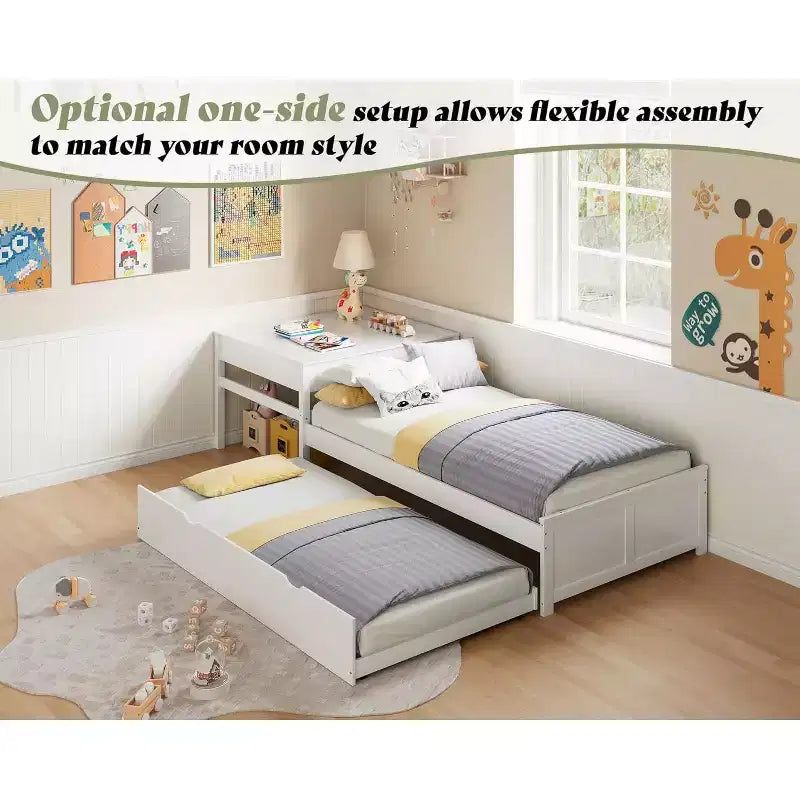 AMERLIFE Letto a giorno a L in legno massello con letto estraibile e scrivania a ribalta con contenitore, struttura a piattaforma salvaspazio per camerette di bambini e famiglie