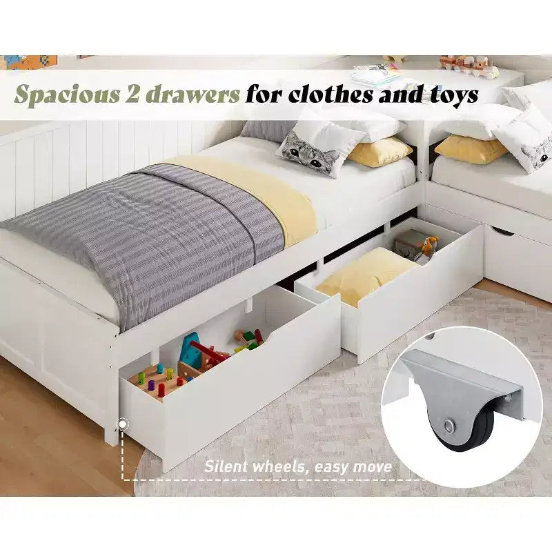 AMERLIFE Letto a giorno a L in legno massello con letto estraibile e scrivania a ribalta con contenitore, struttura a piattaforma salvaspazio per camerette di bambini e famiglie