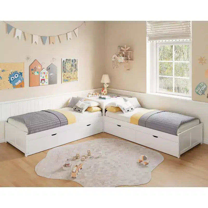 AMERLIFE Letto a giorno a L in legno massello con letto estraibile e scrivania a ribalta con contenitore, struttura a piattaforma salvaspazio per camerette di bambini e famiglie