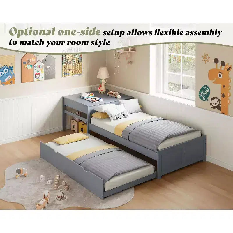 AMERLIFE Letto a giorno a L in legno massello con letto estraibile e scrivania a ribalta con contenitore, struttura a piattaforma salvaspazio per camerette di bambini e famiglie