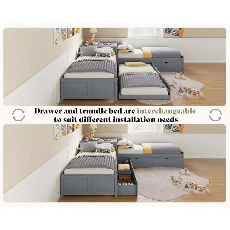 AMERLIFE Letto a giorno a L in legno massello con letto estraibile e scrivania a ribalta con contenitore, struttura a piattaforma salvaspazio per camerette di bambini e famiglie