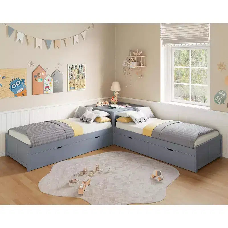 AMERLIFE Letto a giorno a L in legno massello con letto estraibile e scrivania a ribalta con contenitore, struttura a piattaforma salvaspazio per camerette di bambini e famiglie
