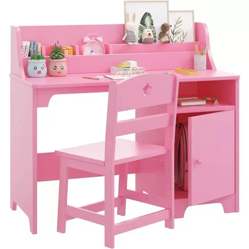 Garvee Kids Desk with Chair,Study Desk with Hutch, Storage Cabinet, Wooden Children Table for Bedroom & Study Room