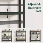 Over Toilet Storage Cabinet 3 Tier Bathroom Organizers with Adjustable Shelf 4 Hooks Space Saving Black Shelf Rack