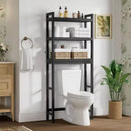 Over Toilet Storage Cabinet 3 Tier Bathroom Organizers with Adjustable Shelf 4 Hooks Space Saving Black Shelf Rack