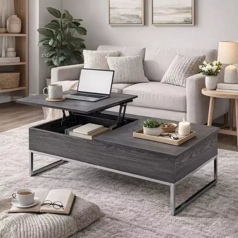 Royal Hampton Wooden Coffee Table with Two Lift Tops and Metal Sled Leg Support, Gray and Silver