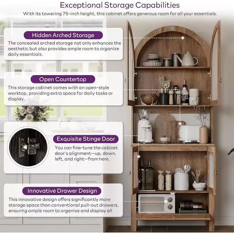 TYBOATLE 75 Tall Arched Storage Cabinet, Wood Kitchens Pantry Cabinets w/Anti-Tipping Device, Versatile Cupboard w/Innovative Drawer