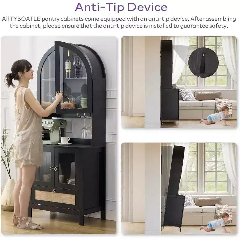 TYBOATLE 75 Tall Arched Storage Cabinet, Wood Kitchens Pantry Cabinets w/Anti-Tipping Device, Versatile Cupboard w/Innovative Drawer
