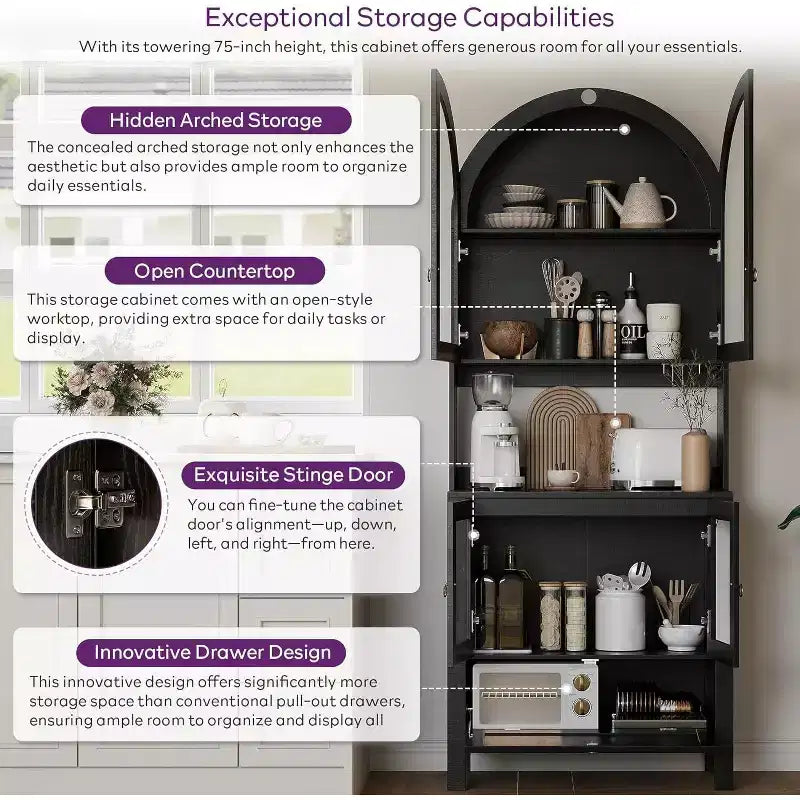 TYBOATLE 75 Tall Arched Storage Cabinet, Wood Kitchens Pantry Cabinets w/Anti-Tipping Device, Versatile Cupboard w/Innovative Drawer