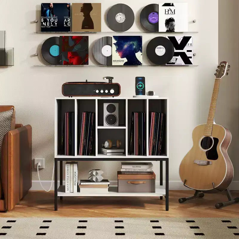 Costway Record Player Stand w/Charging Station Vinyl Storage Holder Shelves Metal Frame