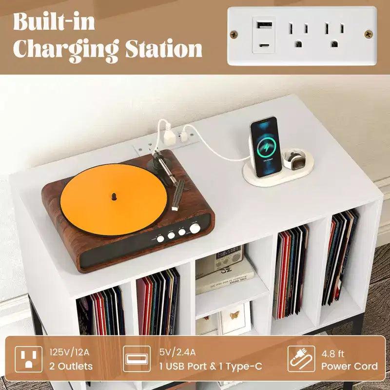 Costway Record Player Stand w/Charging Station Vinyl Storage Holder Shelves Metal Frame