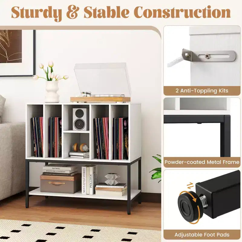 Costway Record Player Stand w/Charging Station Vinyl Storage Holder Shelves Metal Frame