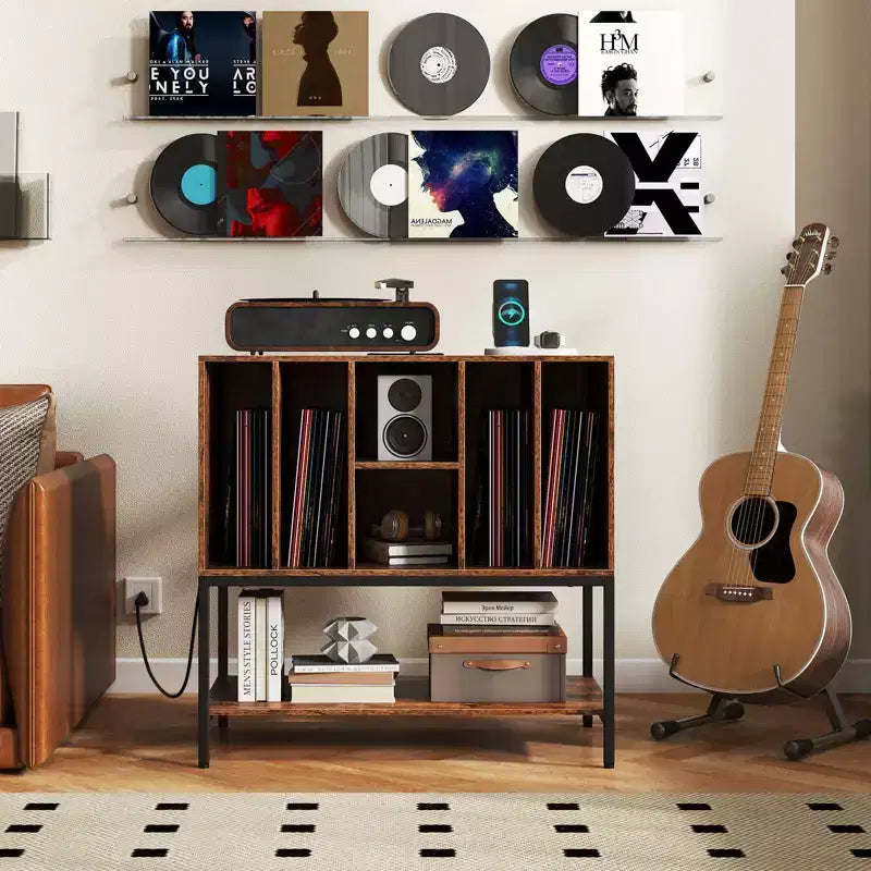 Costway Record Player Stand w/Charging Station Vinyl Storage Holder Shelves Metal Frame