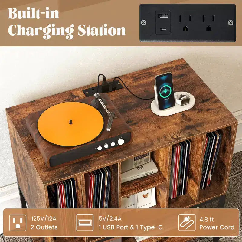 Costway Record Player Stand w/Charging Station Vinyl Storage Holder Shelves Metal Frame