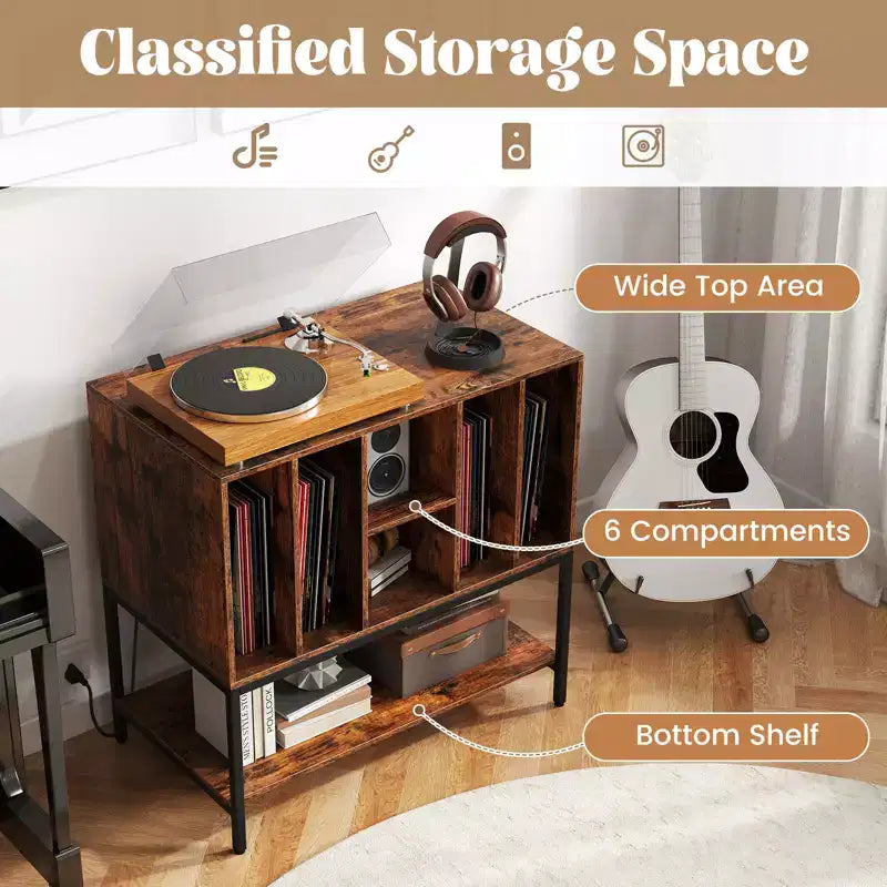 Costway Record Player Stand w/Charging Station Vinyl Storage Holder Shelves Metal Frame