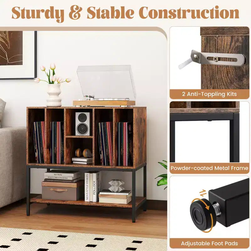 Costway Record Player Stand w/Charging Station Vinyl Storage Holder Shelves Metal Frame