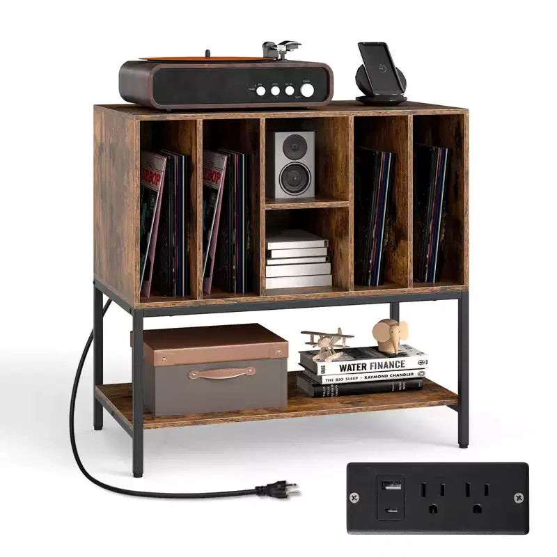 Costway Record Player Stand w/Charging Station Vinyl Storage Holder Shelves Metal Frame
