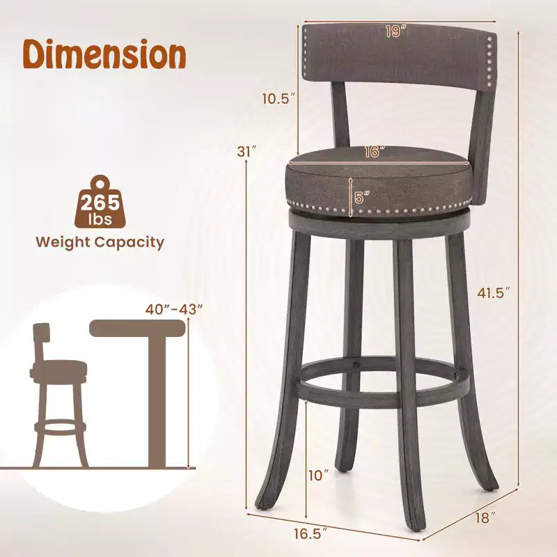 Costway 31 Bar Height Chairs Set of 2 w/ 360 Swivel Seat Back & Cushioned Seat