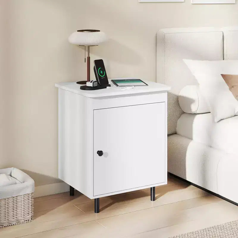 Costway Nightstand Mid Century Modern End Table w/Door Heavy-Duty Metal Legs for Bedroom
