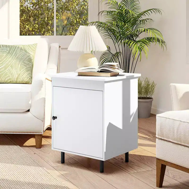 Costway Nightstand Mid Century Modern End Table w/Door Heavy-Duty Metal Legs for Bedroom
