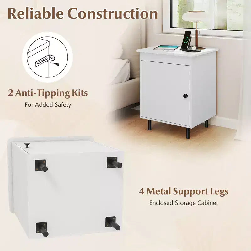 Costway Nightstand Mid Century Modern End Table w/Door Heavy-Duty Metal Legs for Bedroom