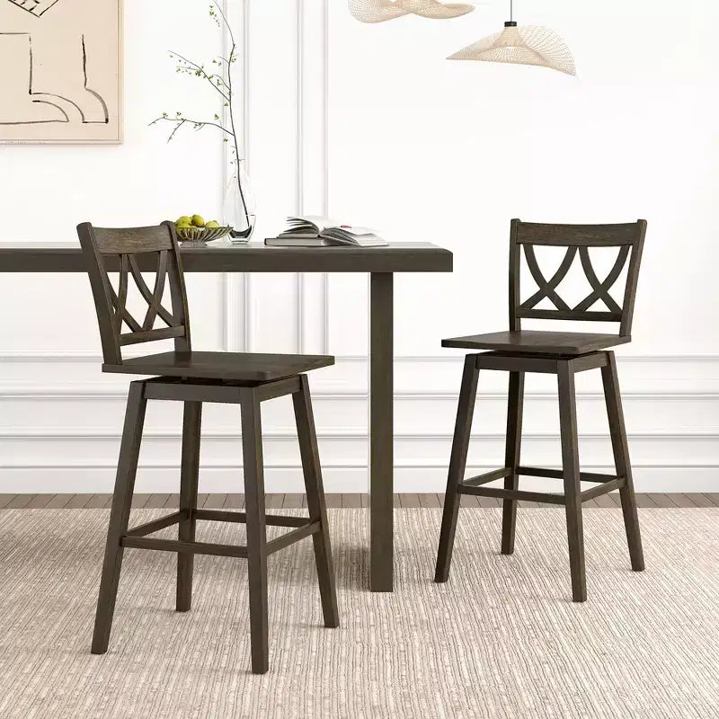Costway 29 Bar Stool Set of 2 w/Rubber Wood Frame Swivel Seat Ergonomic Backrest