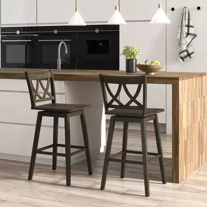 Costway 29 Bar Stool Set of 2 w/Rubber Wood Frame Swivel Seat Ergonomic Backrest