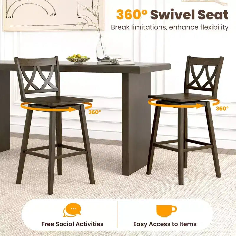 Costway 29 Bar Stool Set of 2 w/Rubber Wood Frame Swivel Seat Ergonomic Backrest