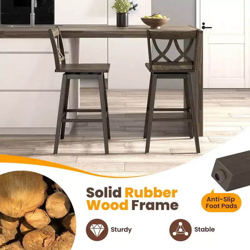 Costway 29 Bar Stool Set of 2 w/Rubber Wood Frame Swivel Seat Ergonomic Backrest